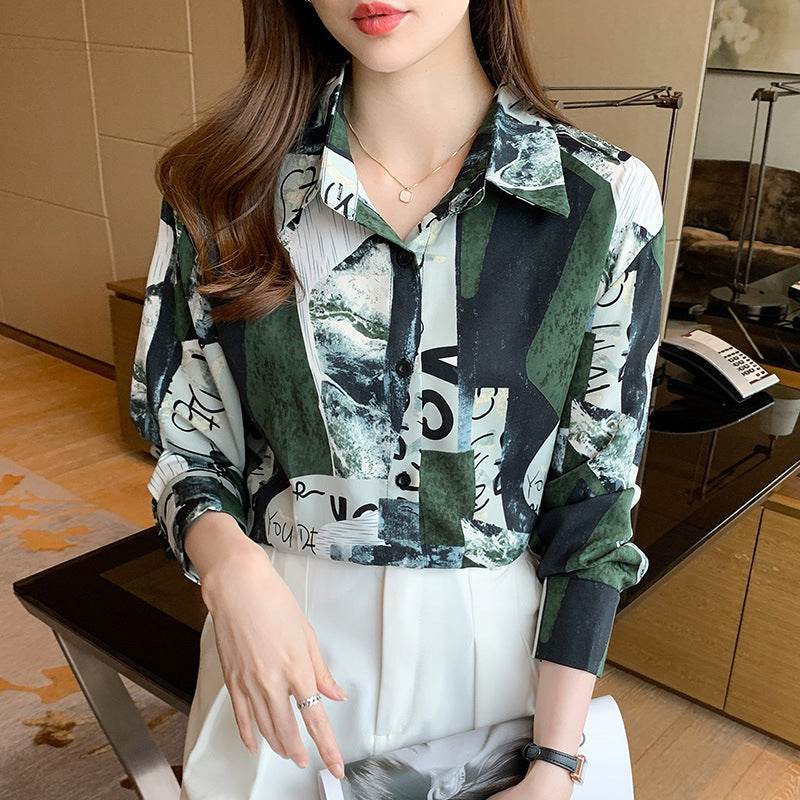 Printed Long-sleeved Shirt Women Loose Design Blouse - Mubimart