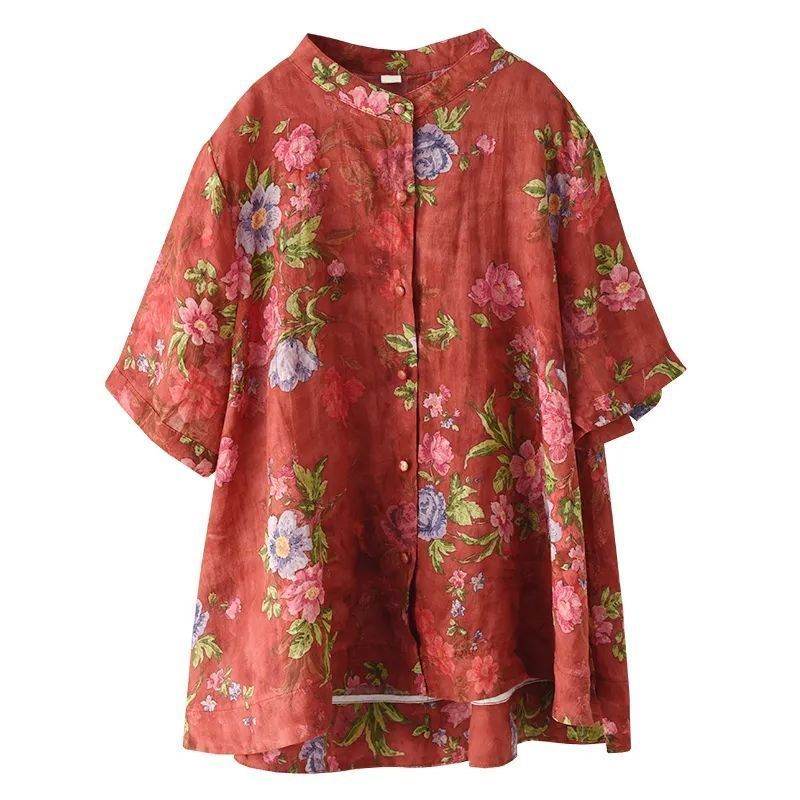 Vintage Digital Printed Cotton Linen Blouse For Women - Mubimart