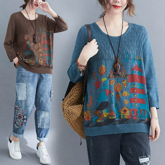 Literary Plus Size Knitted Loose Pullover Top - Mubimart