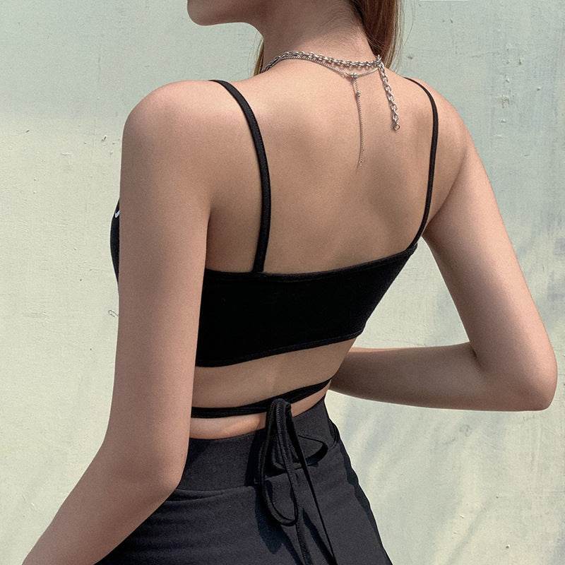 Moon Print Cross Strap Suspender Vest Short Style Crop Top For Women - Mubimart