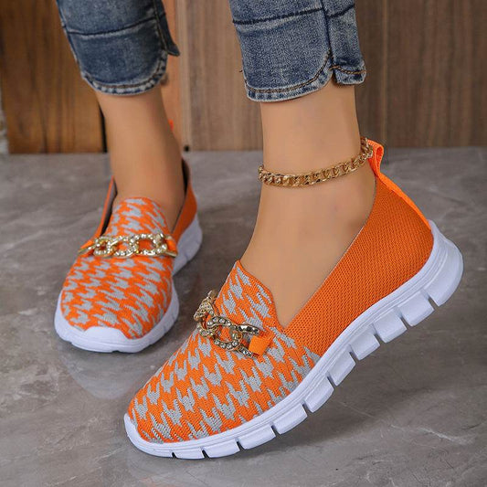 Casual Houndstooth Print Chain Mesh Shoes Summer Walking Sports Flat Shoes Women Breathable Loafers - Mubimart