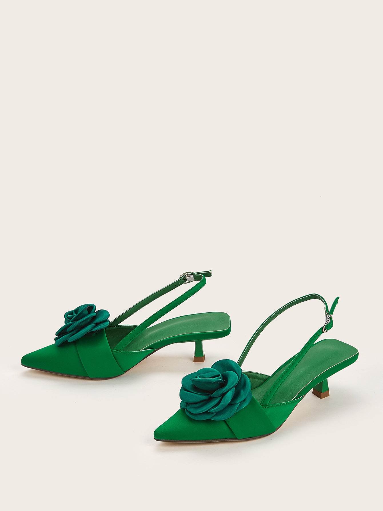 Three-dimensional Flower Decoration Kitten Heel Shoes Women's Elegant Closed Toe Back Empty - Mubimart
