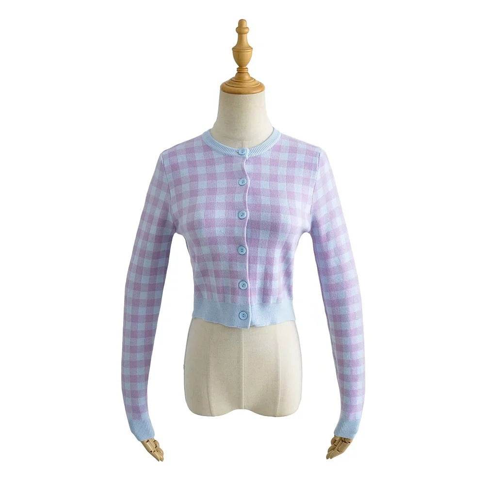 Women Crew Neck Plaid Knit Cardigan Crop Top - Mubimart