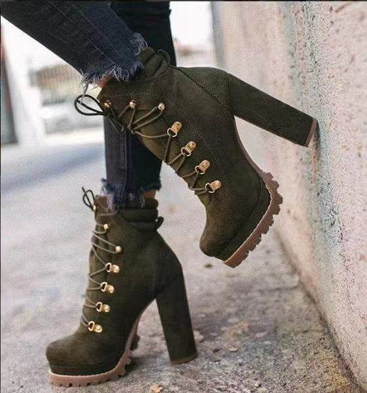 Heeled Boots For Women Round Toe Lace UP High Heels Boots Mid Calf Shoes - Mubimart