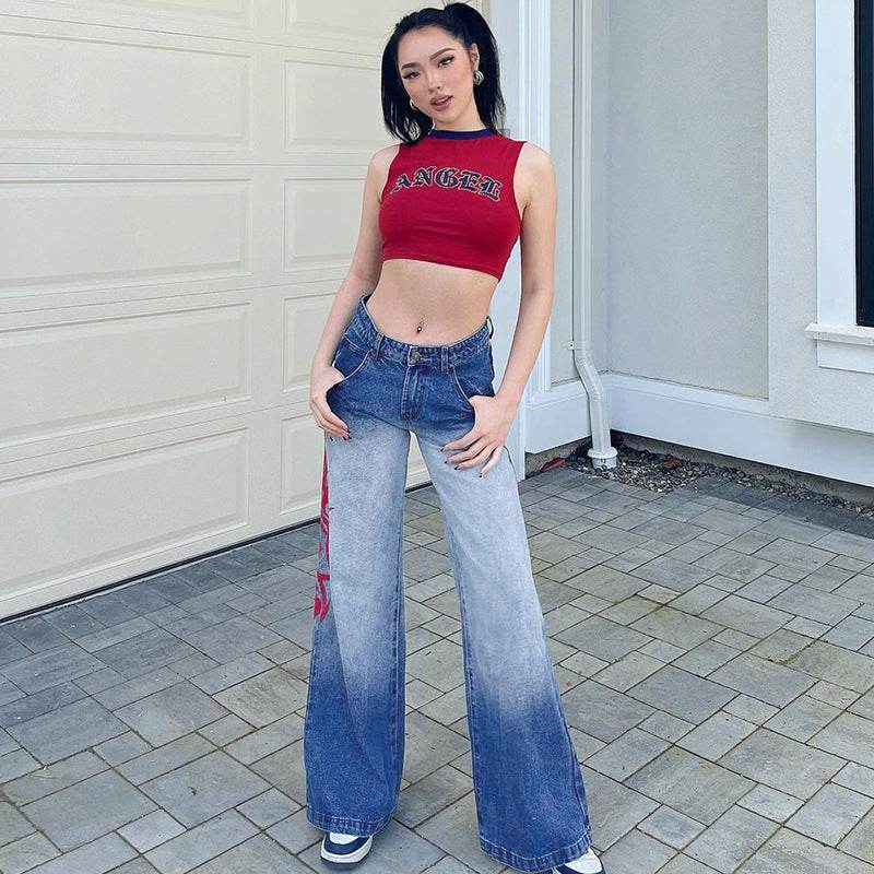 Retro Gradient Printed Washed Straight Skinny Jeans Women Women - Mubimart