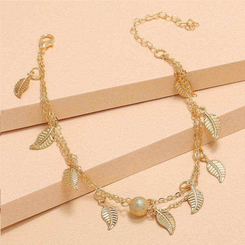 Frosted Round Beads, Small Leaves And Tassel Feet With Double-Layer Anklets - Mubimart