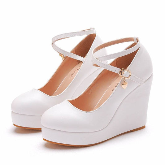 Crystal Queen White Platform Wedges Pumps Women - Mubimart