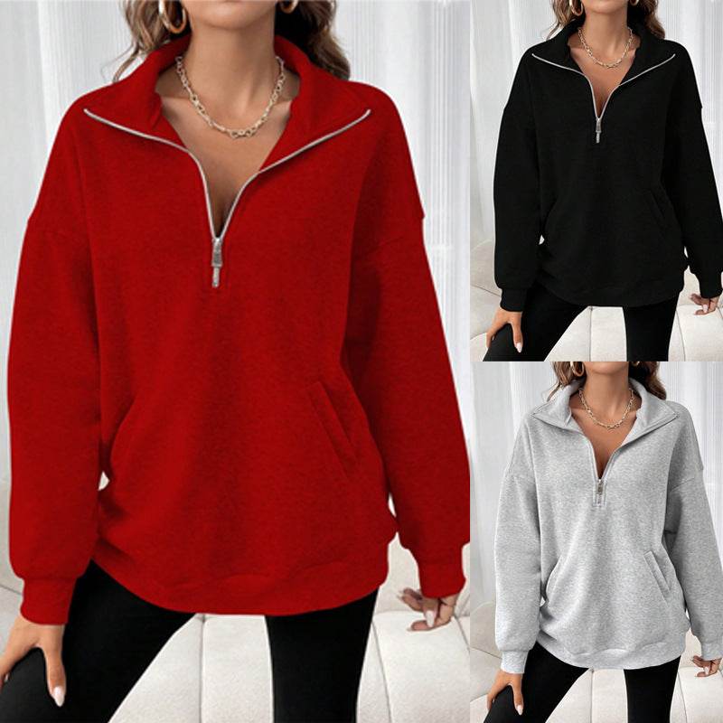 Polo Collar Solid Color Casual Women's Hoodie - Mubimart