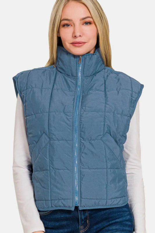 Zenana Zip Up Cropped Puffer Vest With Pockets - Mubimart