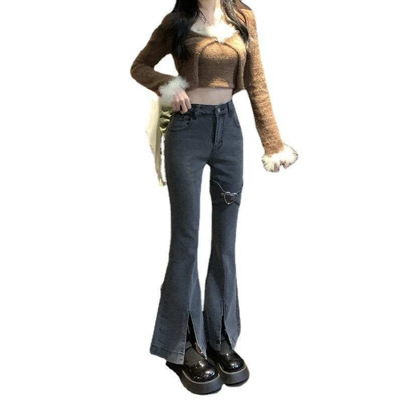 Women's Love Design Sensation Niche Slit Jeans Micro Flare - Mubimart