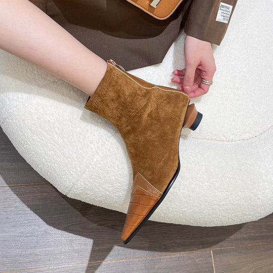 Retro Patchwork Pointed Boots Back Zipper Kitten Heel - Mubimart