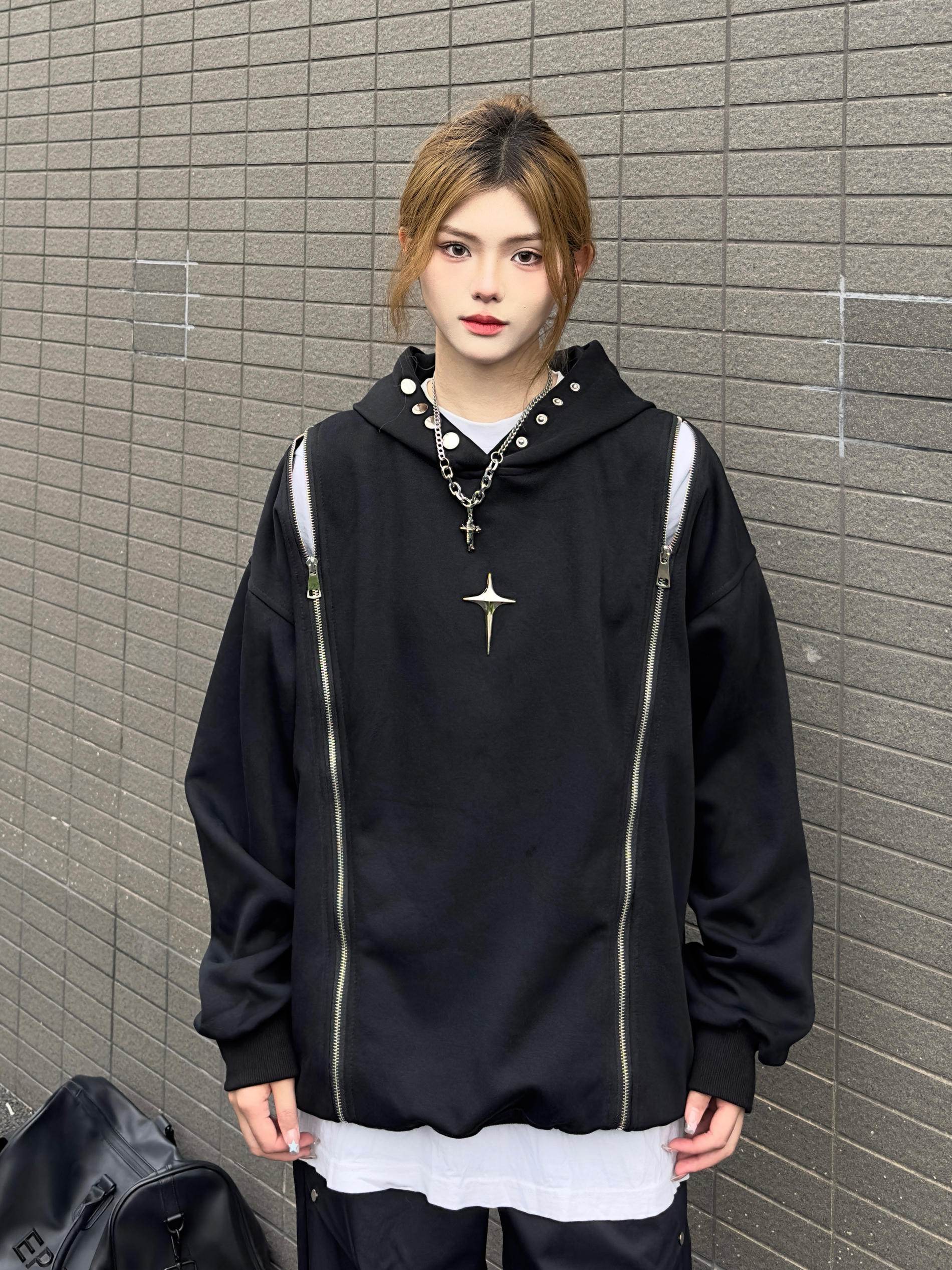 Vintage Street Solid Double Zipper Hoodie - Mubimart