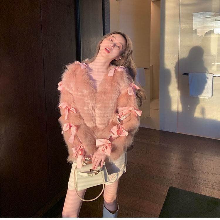 Fashion Temperament Fox Fur Young Bow Short Furry Top - Mubimart