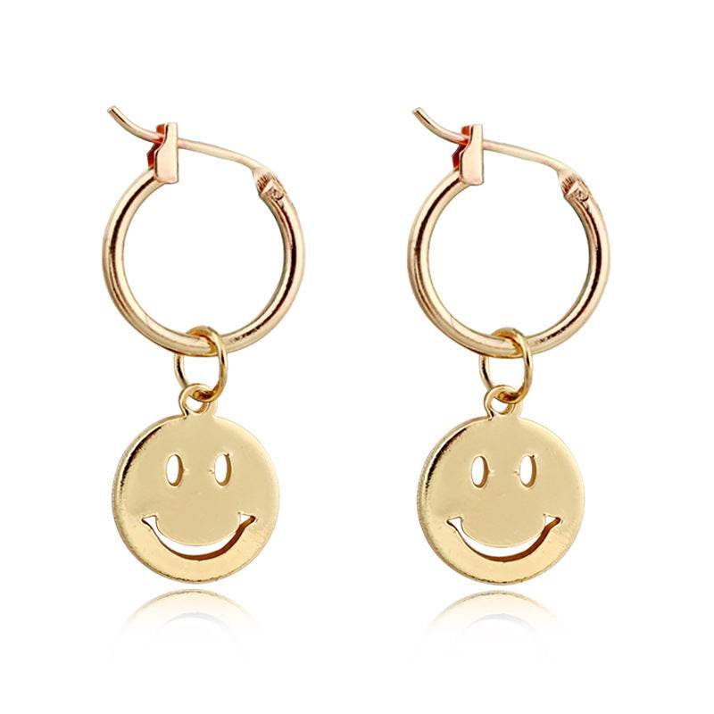 Funny Smile Face Hoop Earrings Pendant For Women Gold Alloy Geometric Carving Earring Jewelry - Mubimart