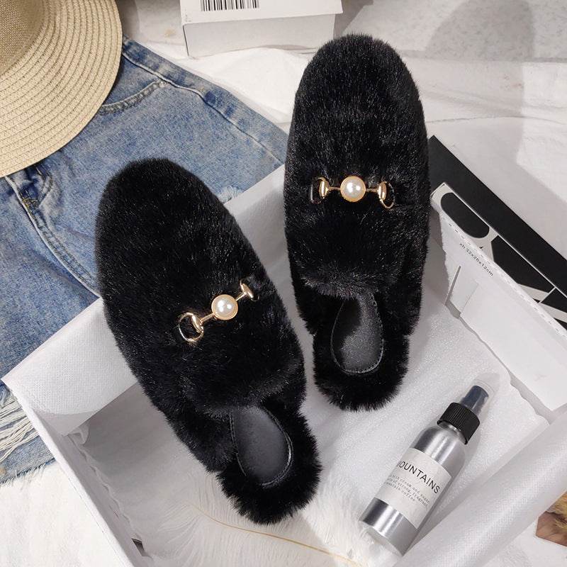 Fur Half Slippers Female Baotou Lazy People Wear Mules Outside - Mubimart