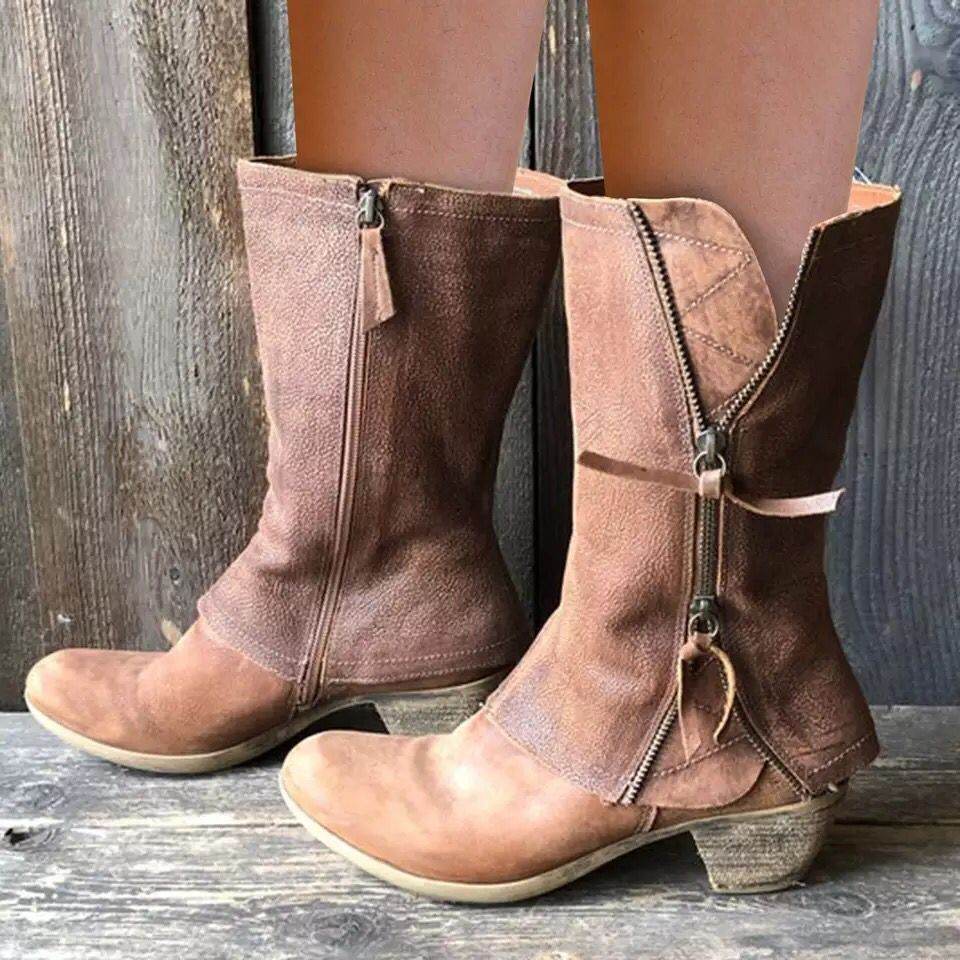 Women's Fashion Casual Side Zipper Mid-calf Leather Boots - Mubimart