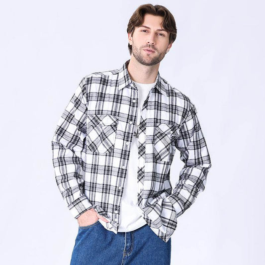 Vintage Flannel Men's Long Sleeve Brushed Plaid Shirt Coat - Mubimart