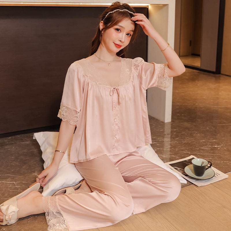 French Lace Home Pajama Set - Mubimart