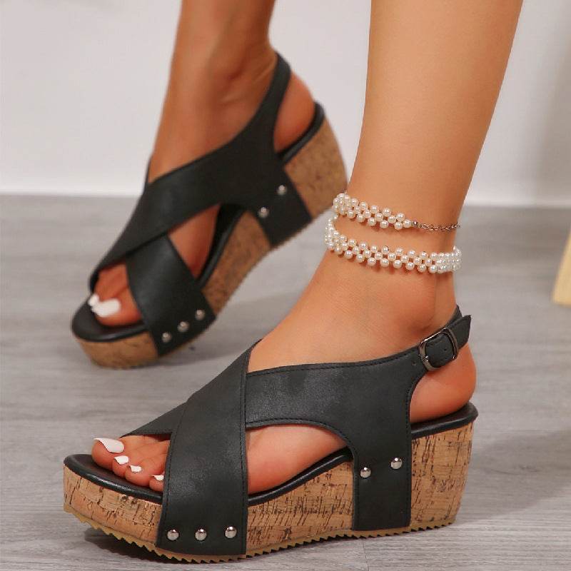 Women's Rivet Wedges Snadals Thick Bottom Fish Mouth Shoes Summer - Mubimart