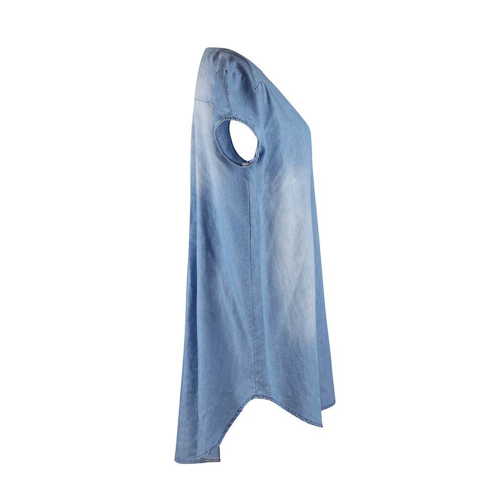 Round Neck Pleated Loose Solid Color Casual Plus Size Denim Dress - Mubimart