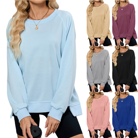 Solid Color Thread Round Neck Long Sleeve Loose Sweatshirt Women's Top