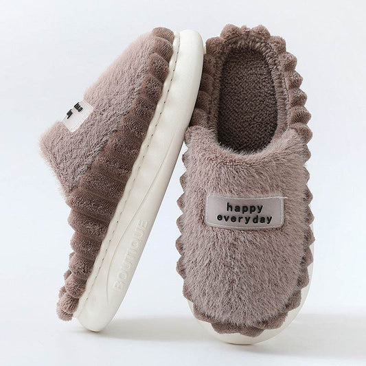 Home Slippers For Men Thick-soled Color-block Letters Fluffy Fleece House Shoes Winter Indoor Warm Slip On Floor Bedroom Slipper - Mubimart