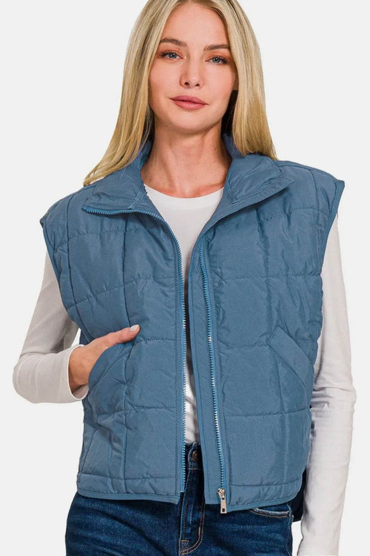 Zenana Zip Up Cropped Puffer Vest With Pockets - Mubimart