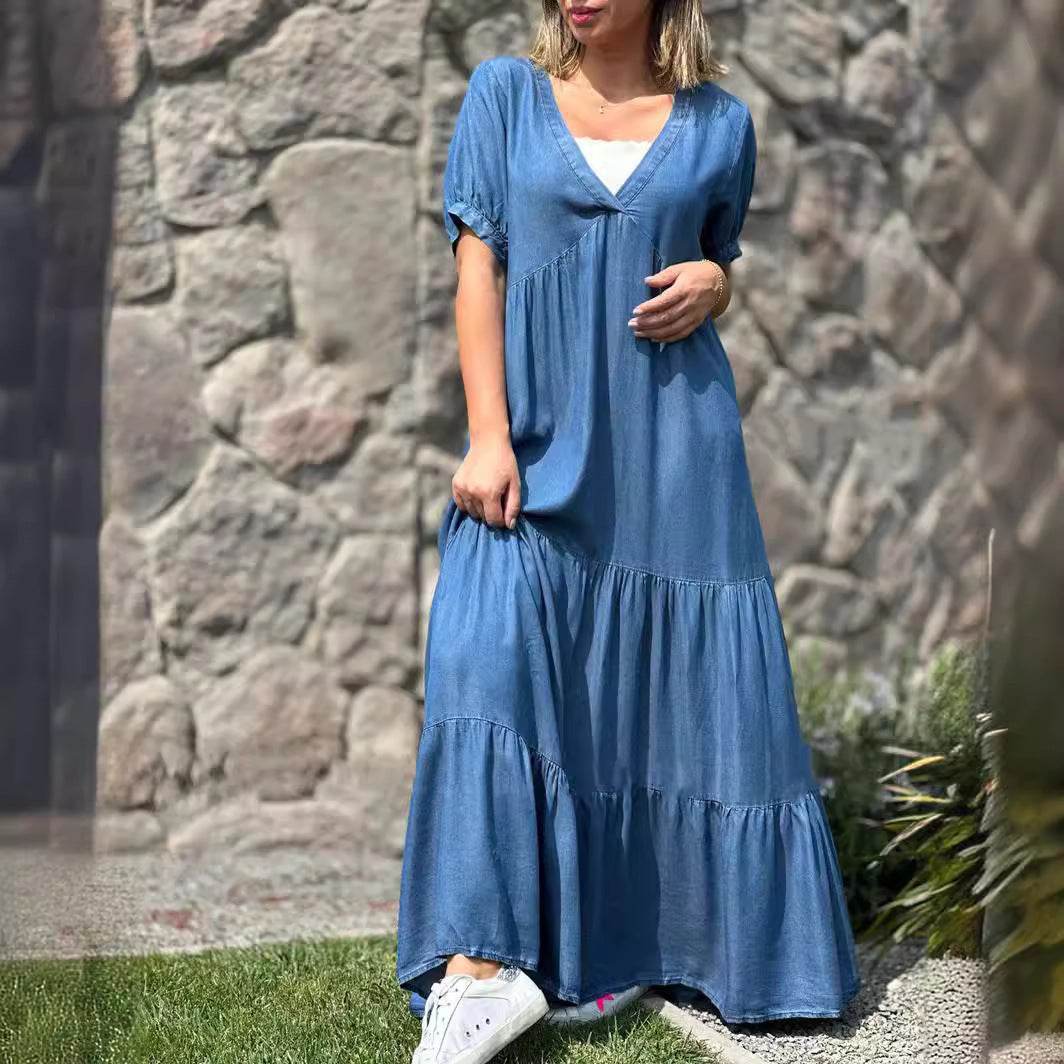 European And American Plus Size Women's Clothes Faux Denim Solid Color And V-neck Long Dress - Mubimart