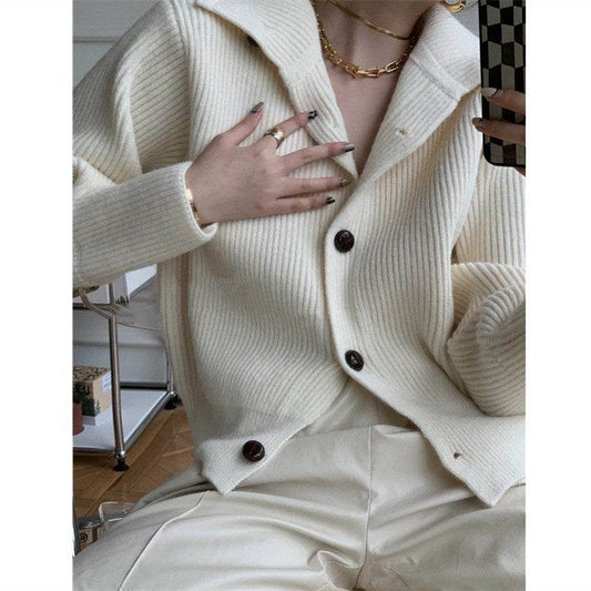 Stand-up Collar Knitted Top Women's Cardigan Loose Long-sleeved Sweater - Mubimart