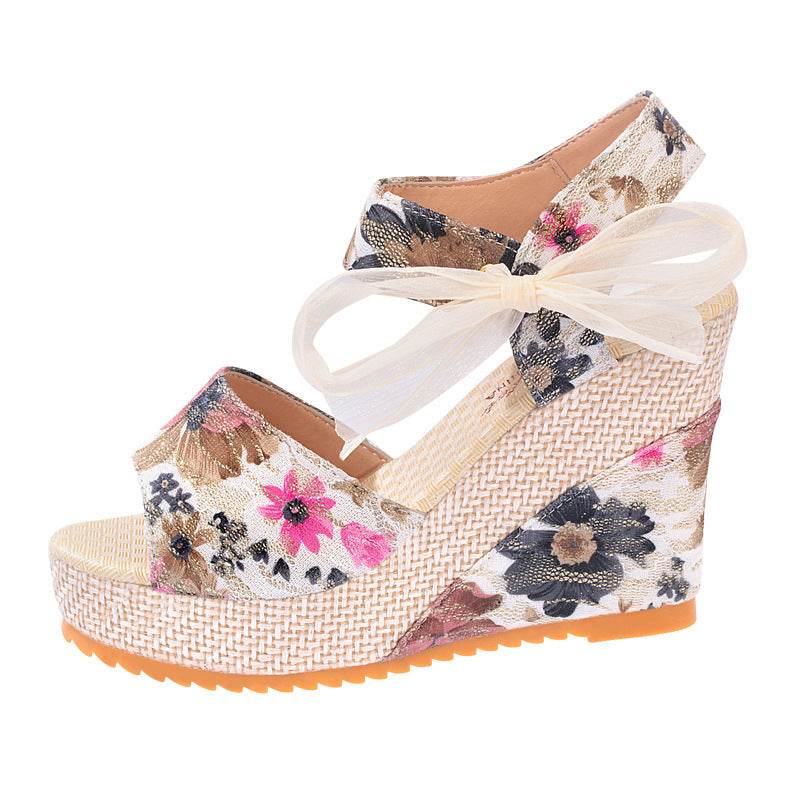 Sandals Women Wedge Heel Lace Lace High Heel Women Shoes - Mubimart