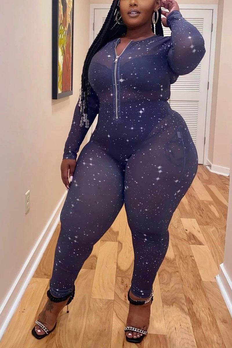 Hot Sale Sheer Temptation Printed Mesh Plus Size Jumpsuit - Mubimart