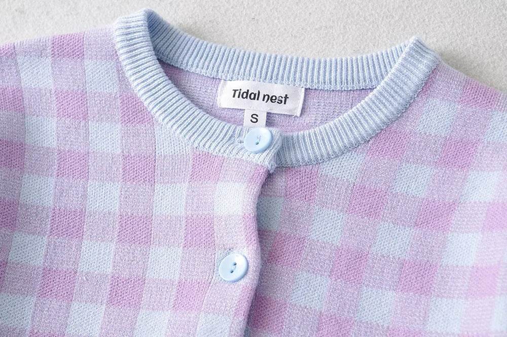 Women Crew Neck Plaid Knit Cardigan Crop Top - Mubimart