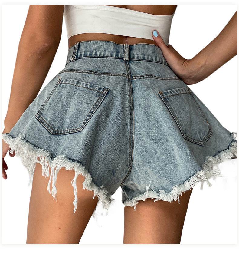 High Waist Loose-fitting Tassel Denim Shorts For Women - Mubimart