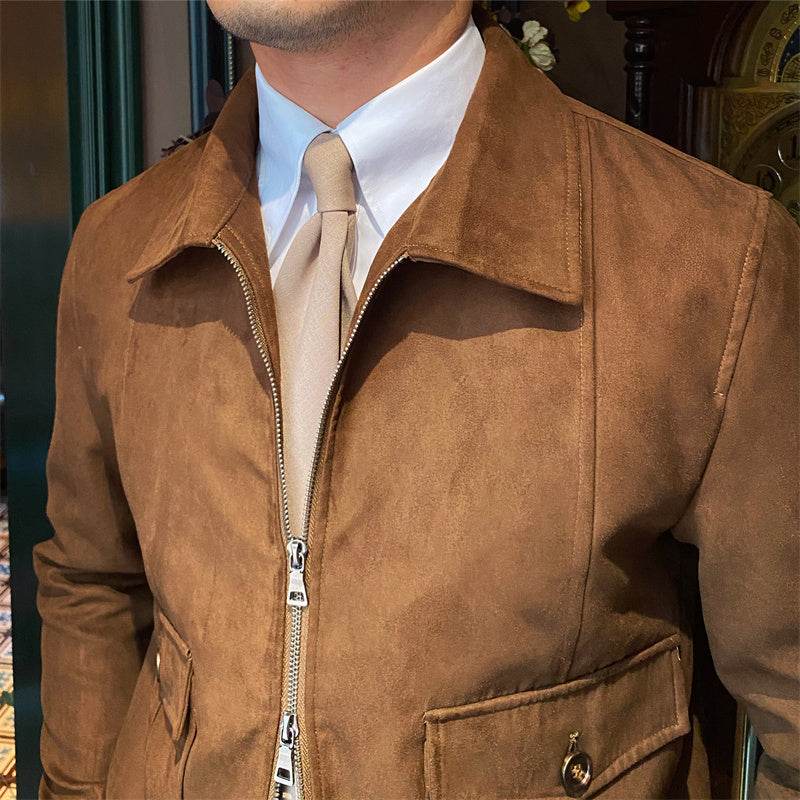 Suede Coffee Bomber Jacket For Man - Mubimart