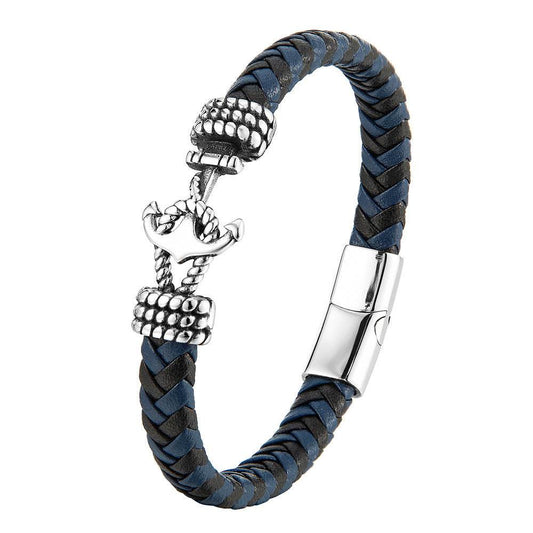 Mens Titanium Steel Bracelet Leather Braided Anchor - Mubimart