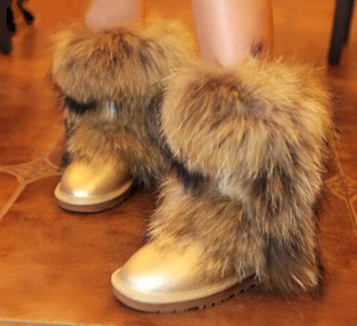 Women's Winter Mid-calf Fox Fur Snow Boots - Mubimart