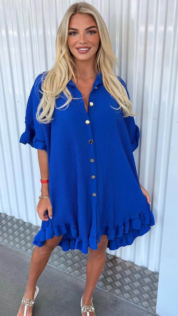 Summer Solid Color Shirt Dress Ruffle Sleeve Irregular Shirt Dress - Mubimart