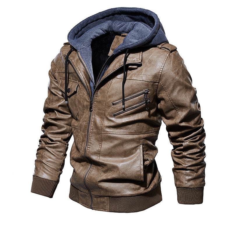 Men's Leather Jacket Men's PU Leather Hooded Leather Jacket - Mubimart
