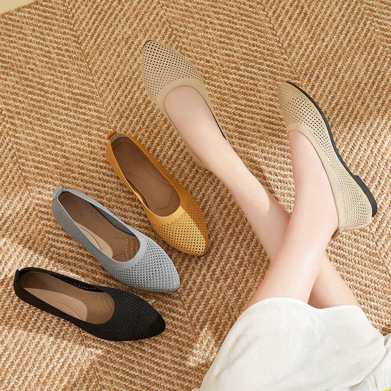 Solid Color Pointed Toe Flat Bottom Flat Heel Soft Bottom Pumps - Mubimart