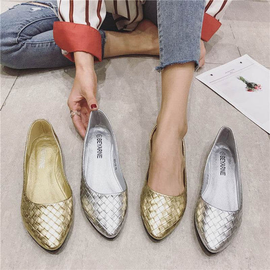 Women's Woven Golden Silver Flat Pointed Toe Shoes - Mubimart