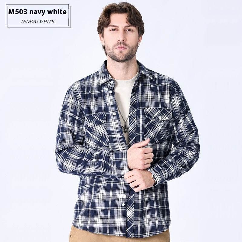 Vintage Flannel Men's Long Sleeve Brushed Plaid Shirt Coat - Mubimart
