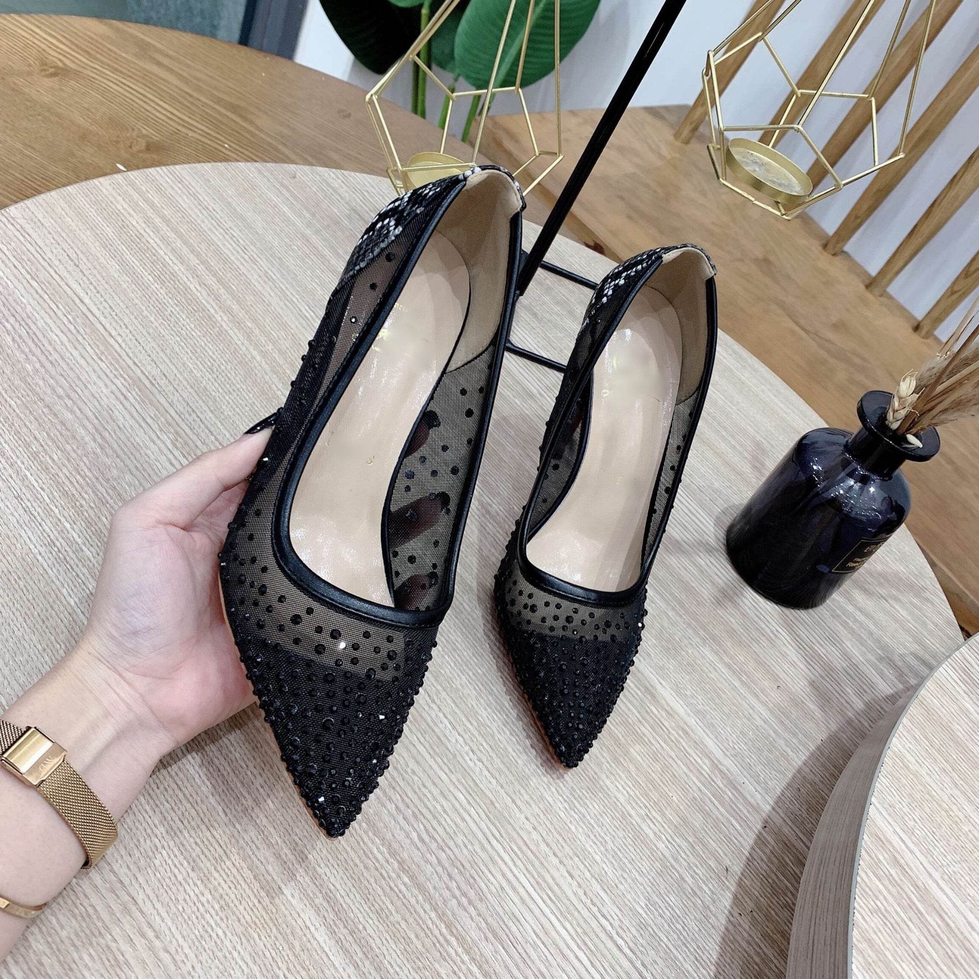 Black Net Rhinestone Snake Print High Heels Stiletto Sexy Pointy Shallow Mouth Work Shoes Trend - Mubimart