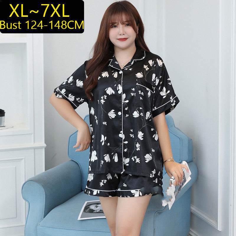 Summer Plus Size Ladies Ice Silk Short Sleeve Pajama Set - Mubimart