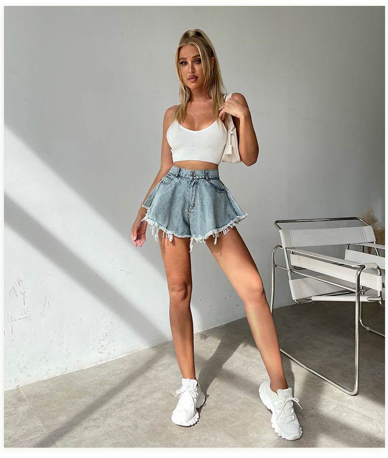High Waist Loose-fitting Tassel Denim Shorts For Women - Mubimart