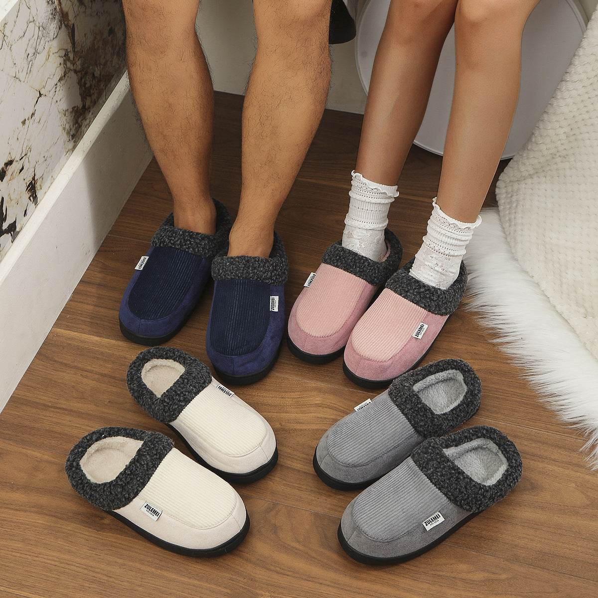 Fashion Solid Striped Cotton Slippers Winter Warm Indoor Bedroom Floor Slipper For Couples Non-slip Thick Sole House Shoes - Mubimart