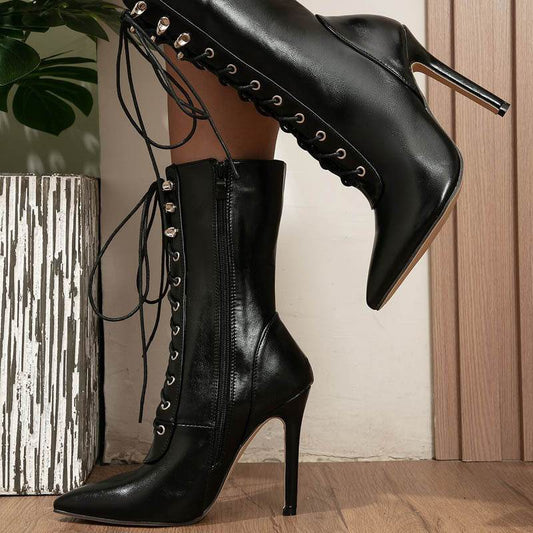 Women's Lace-up Pointed High Heels With Front Straps - Mubimart