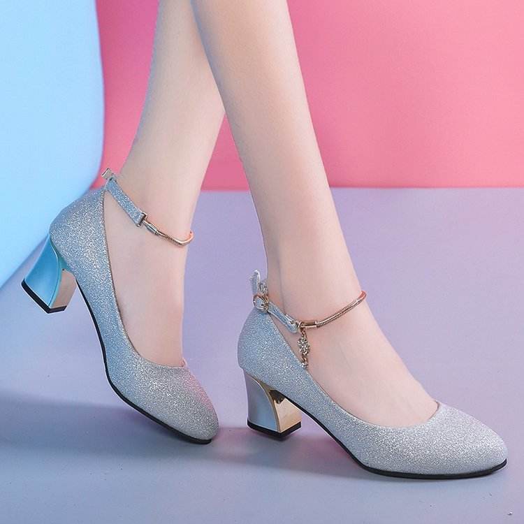 Women's High Heel Chunky Heel Pumps Round Toe Fashionable All-match Work Shoes - Mubimart