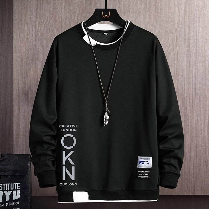 New Mens Casual Sweatshirts Hoodie Fake Two Pieces Letter Print - Mubimart