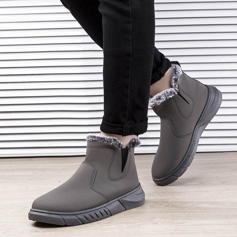 Winter Snow Boots Men V Cutout Shoes With Plush Ankle Boots - Mubimart
