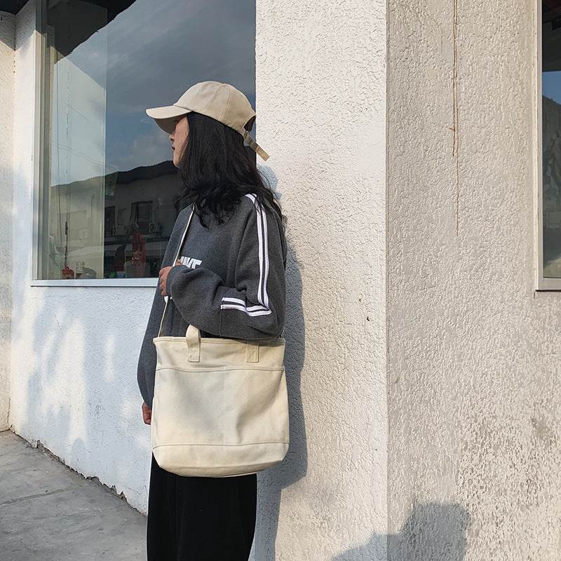 Solid Color Messenger Korean Girls' Canvas Satchel - Mubimart